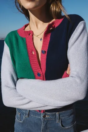 Cardigan Fontaine bleu, vert et rose